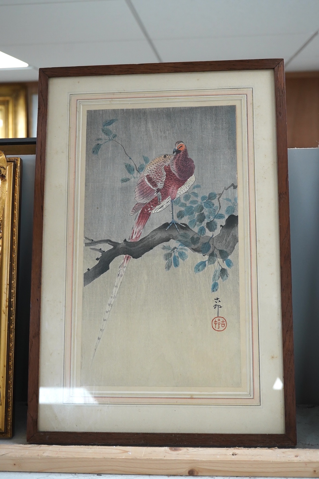 Ohara Koson (1877-1945), Japanese woodblock print, ‘Copper Pheasant’, signed, together with another Japanese woodblock print, Peacocks, possibly by the same artist, 33 x 19cm. Condition - fair to good